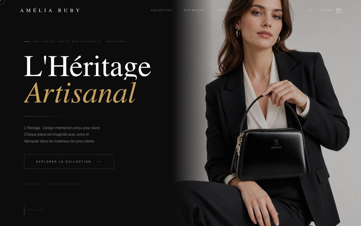 Page d'accueil du site Amélia Ruby, maison de haute maroquinerie artisanale à Montréal