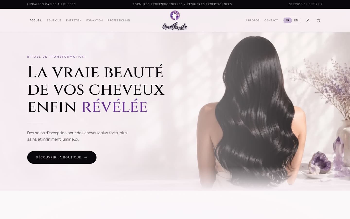 Page d'accueil du site Améthyste, marque de soins capillaires professionnels au Québec