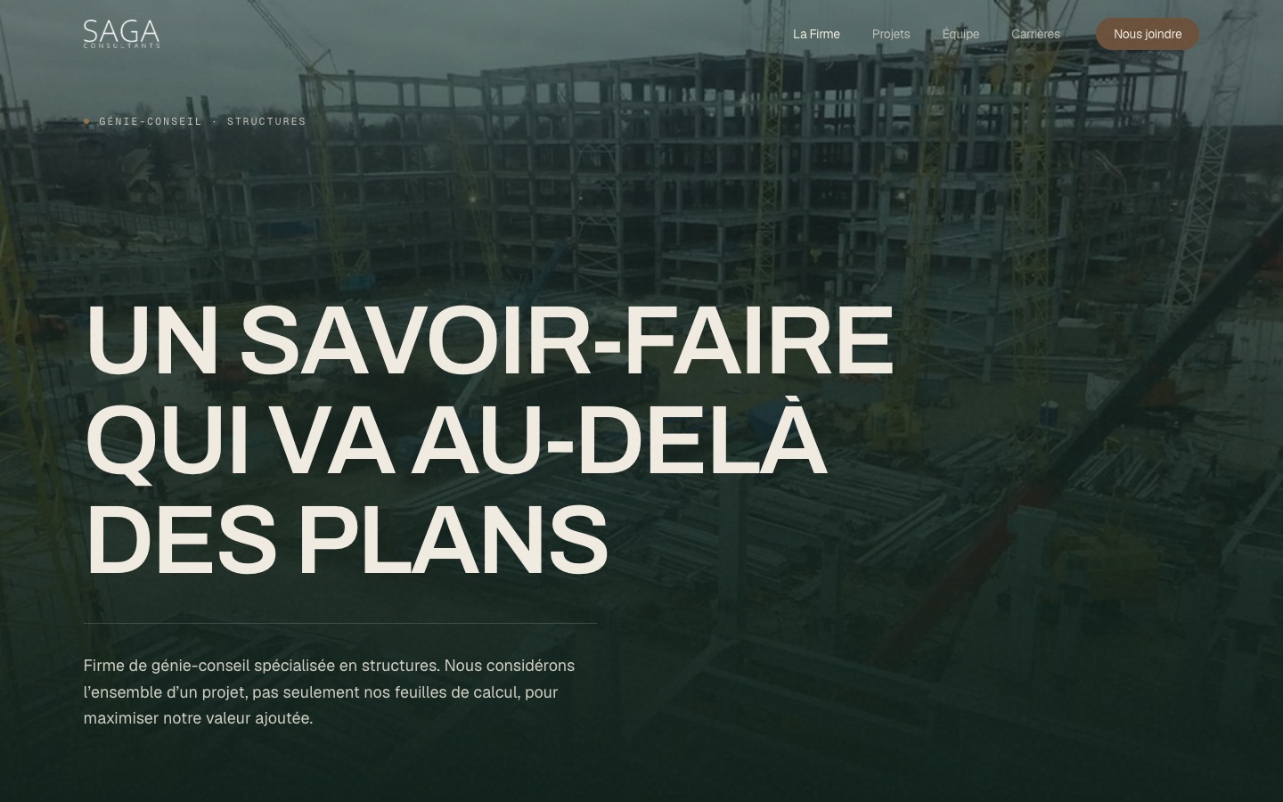 Page d'accueil du site SAGA Consultants, firme de génie-conseil en structures à Saguenay et Lévis